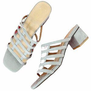 NWT Mi.iM Suede Mila Caged Block Heel Square Toe Sandals Ice Blue Suede Size 6